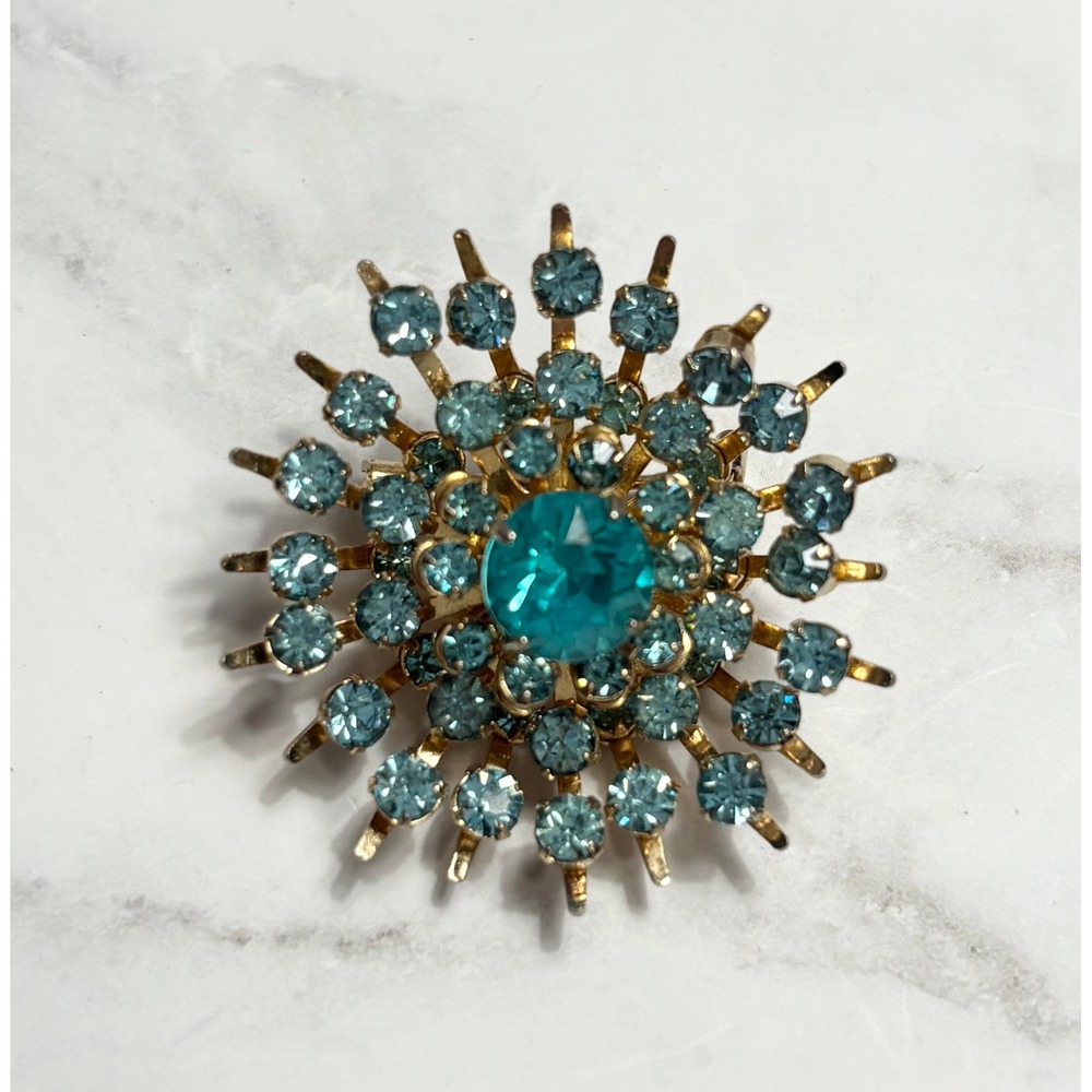 Vintage Coro Blue Rhinestone Starburst Brooch Gold Tone Sunburst Pin Teal Aqua